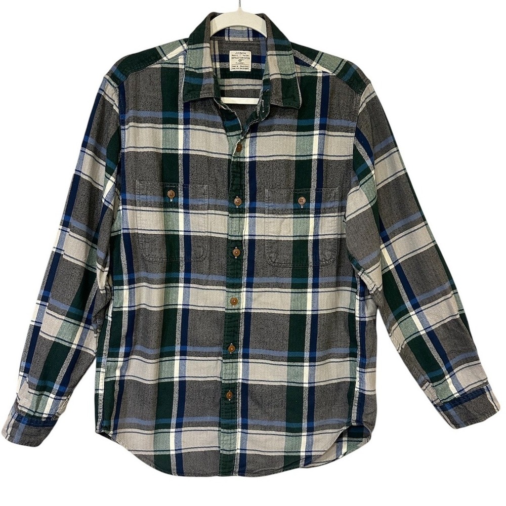 J.Crew Men's Medium Flannel‎ Shirt Green Blue Gray Plaid 100% Cotton